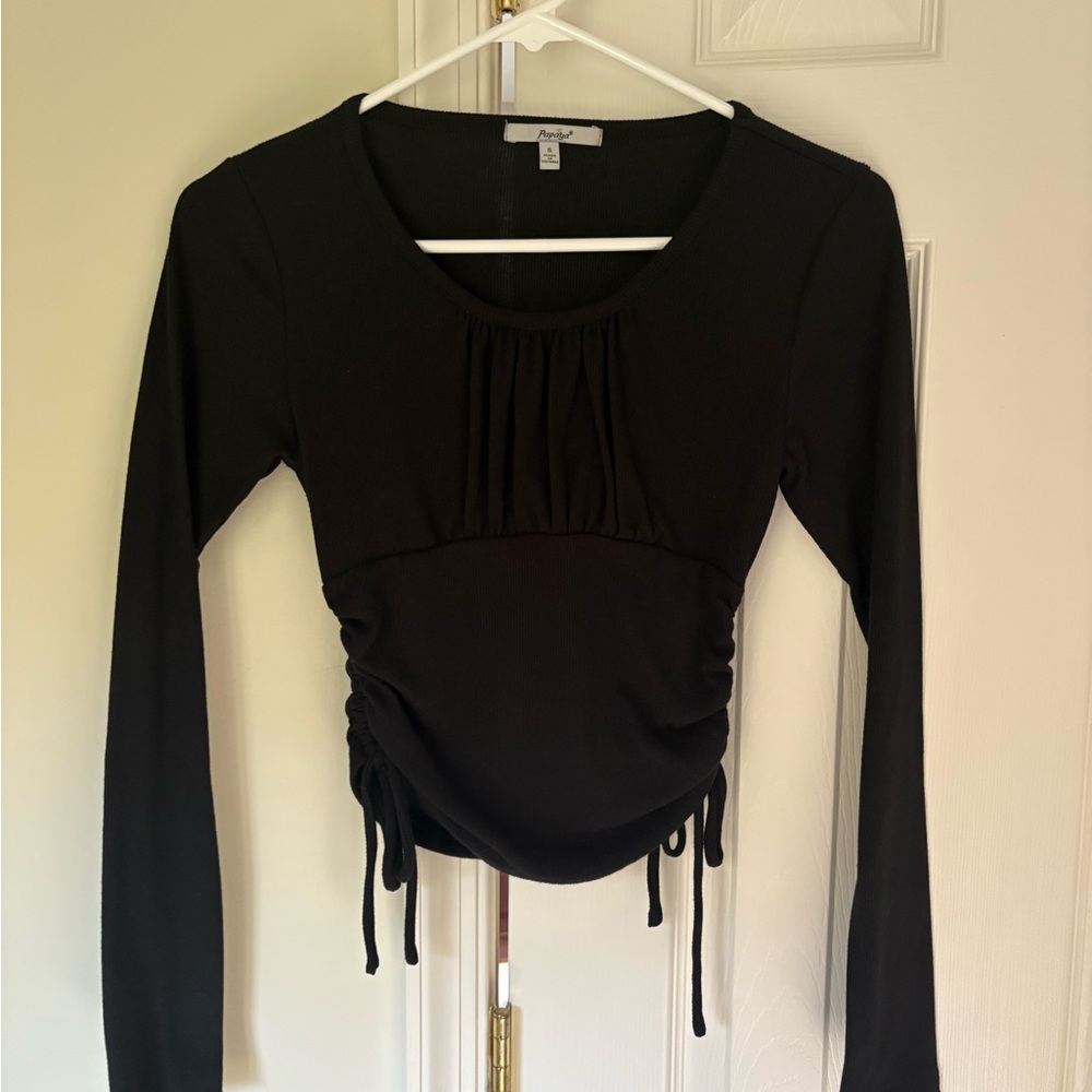 Papaya Black Cropped Long Sleeve Top – Size S, Adjustable Side Ruching, Worn Onc